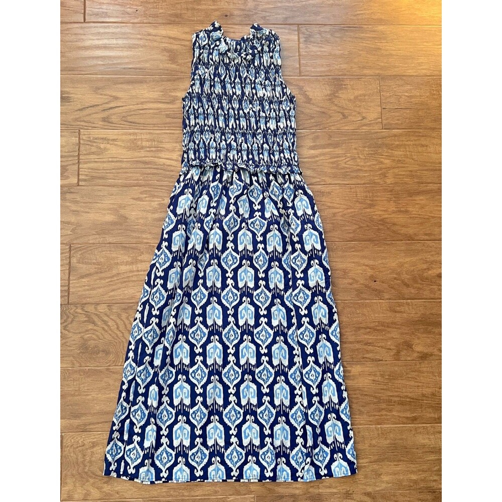 J. McLaughlin Ciri Midi Dress Size S Blue Ikat Smocked Sleeveless